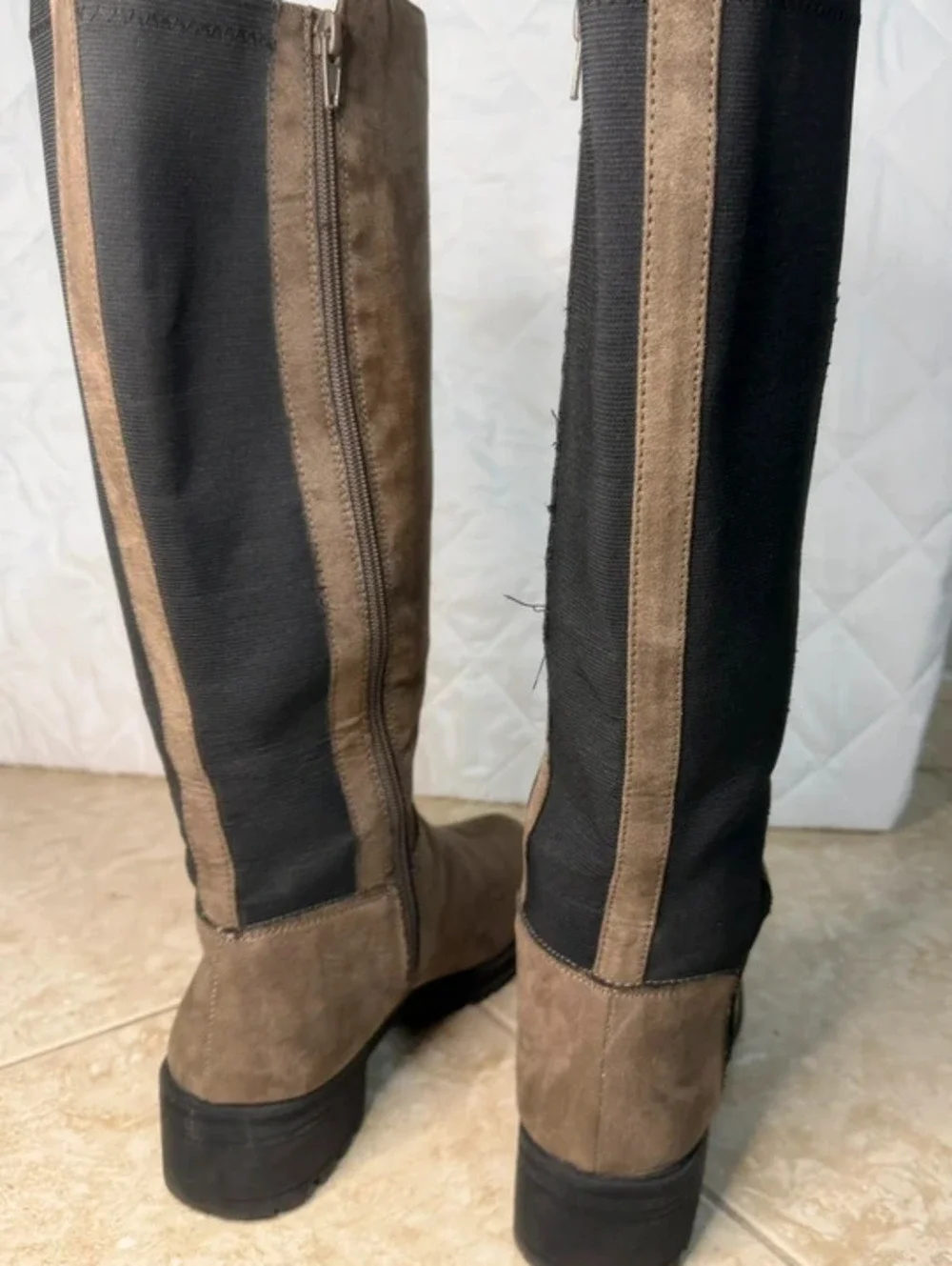 Brown and Black Two-Tone Knee-High Boots with Side Zipper